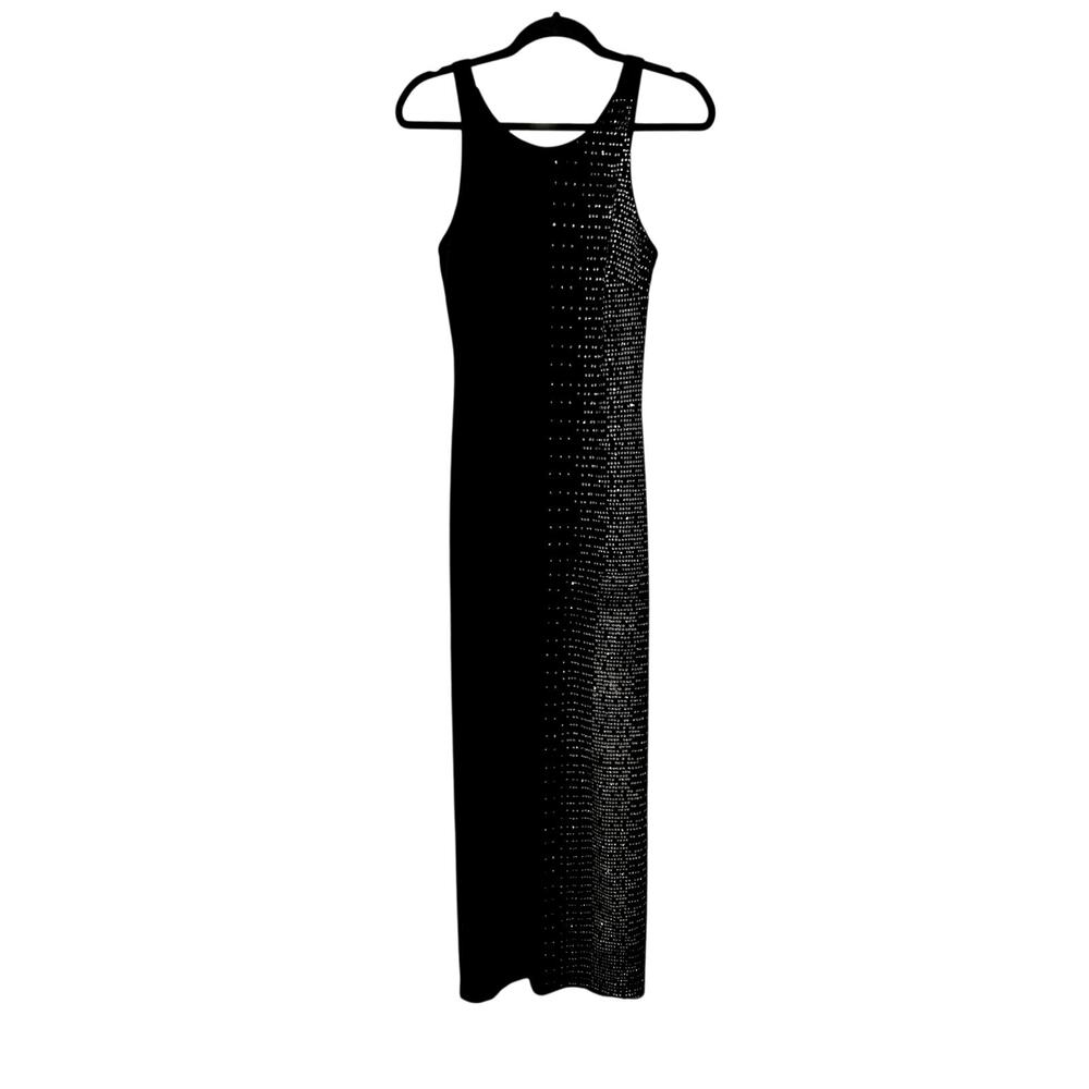 Vintage 90s Maurices Black Velvet Glitter Dot Maxi Dress Gown 7/8